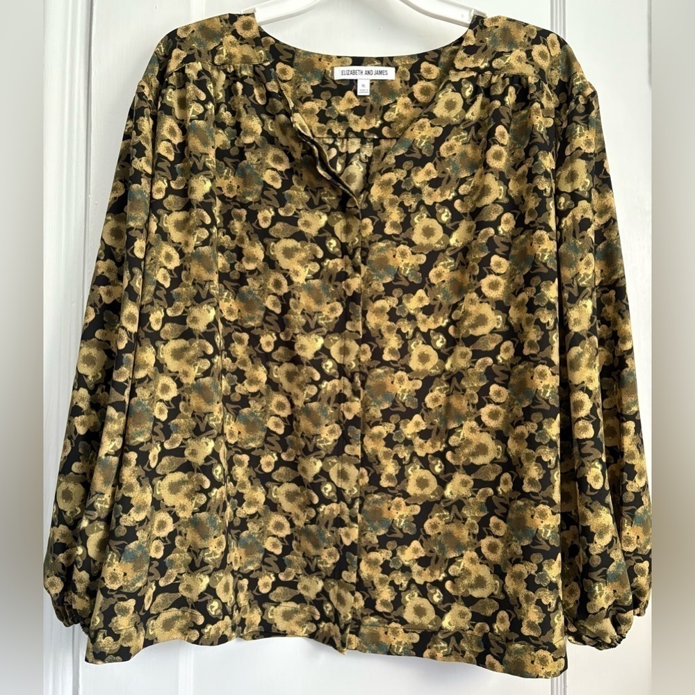 Elizabeth and James Black and Yellow Floral Relaxed Front Buttoned Blouse Sz: XL